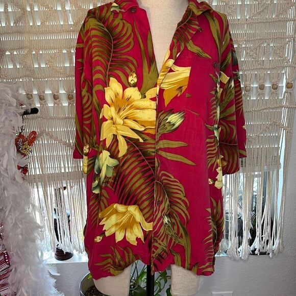 Vintage High Surf rayon Hawaiian shirt medium fuchsia yellow floral - Picture 1 of 16